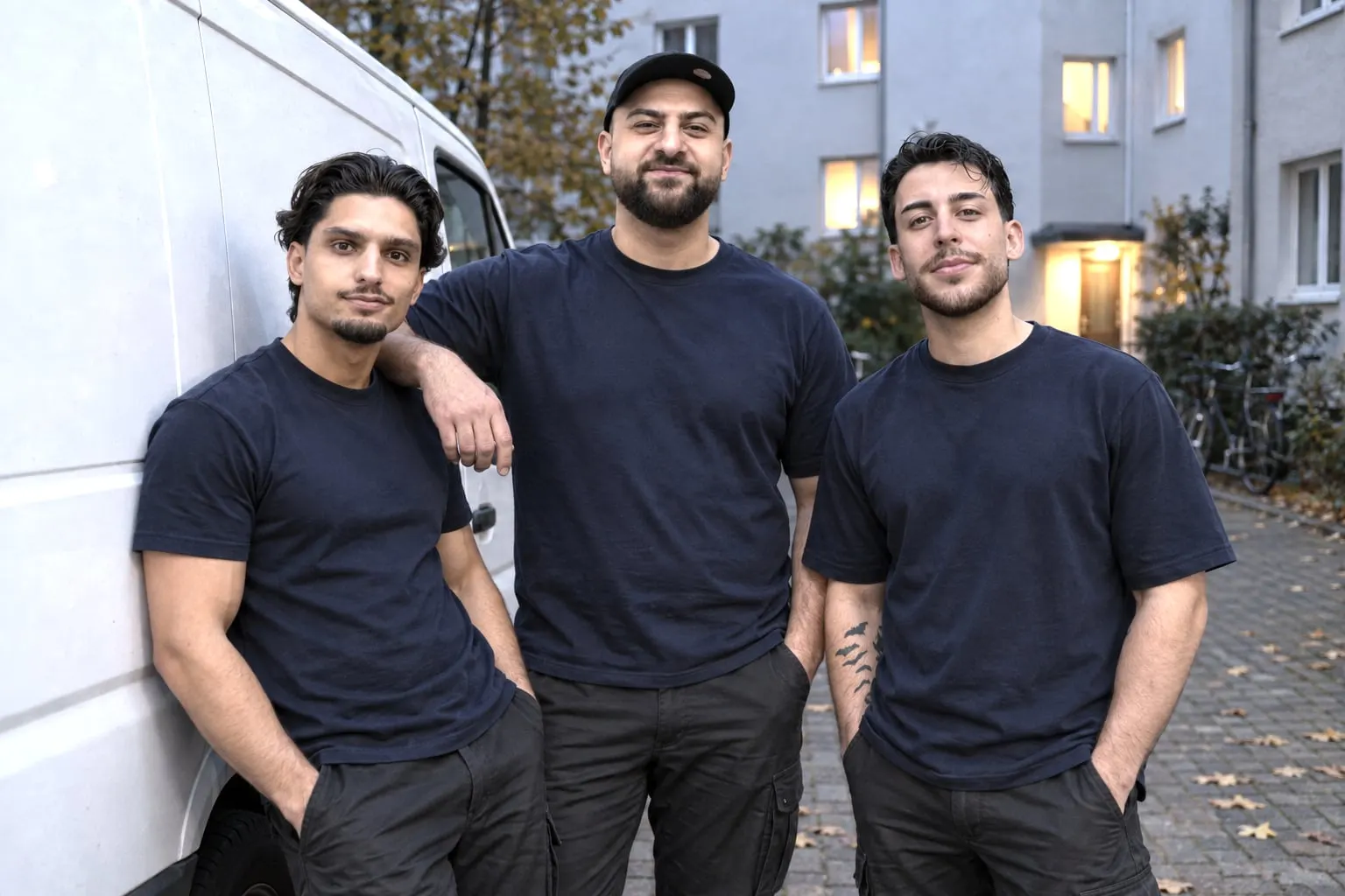 Drei Möbelpacker in dunkelblauen Shirts lehnen an einem weißen Transporter vor einem Wohnhaus.