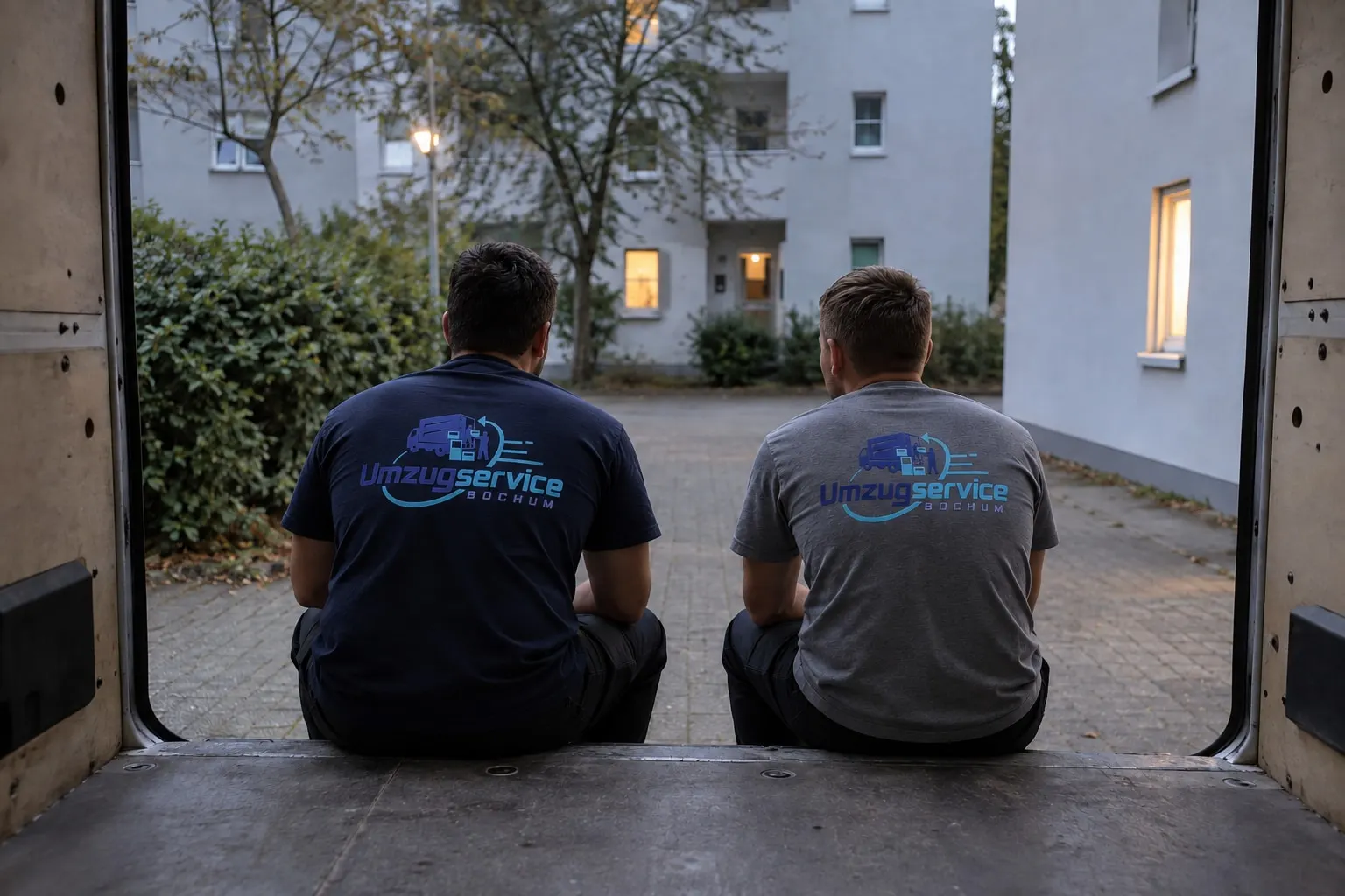 Das Team von Umzugservice Bochum steht am beladenen Transporter