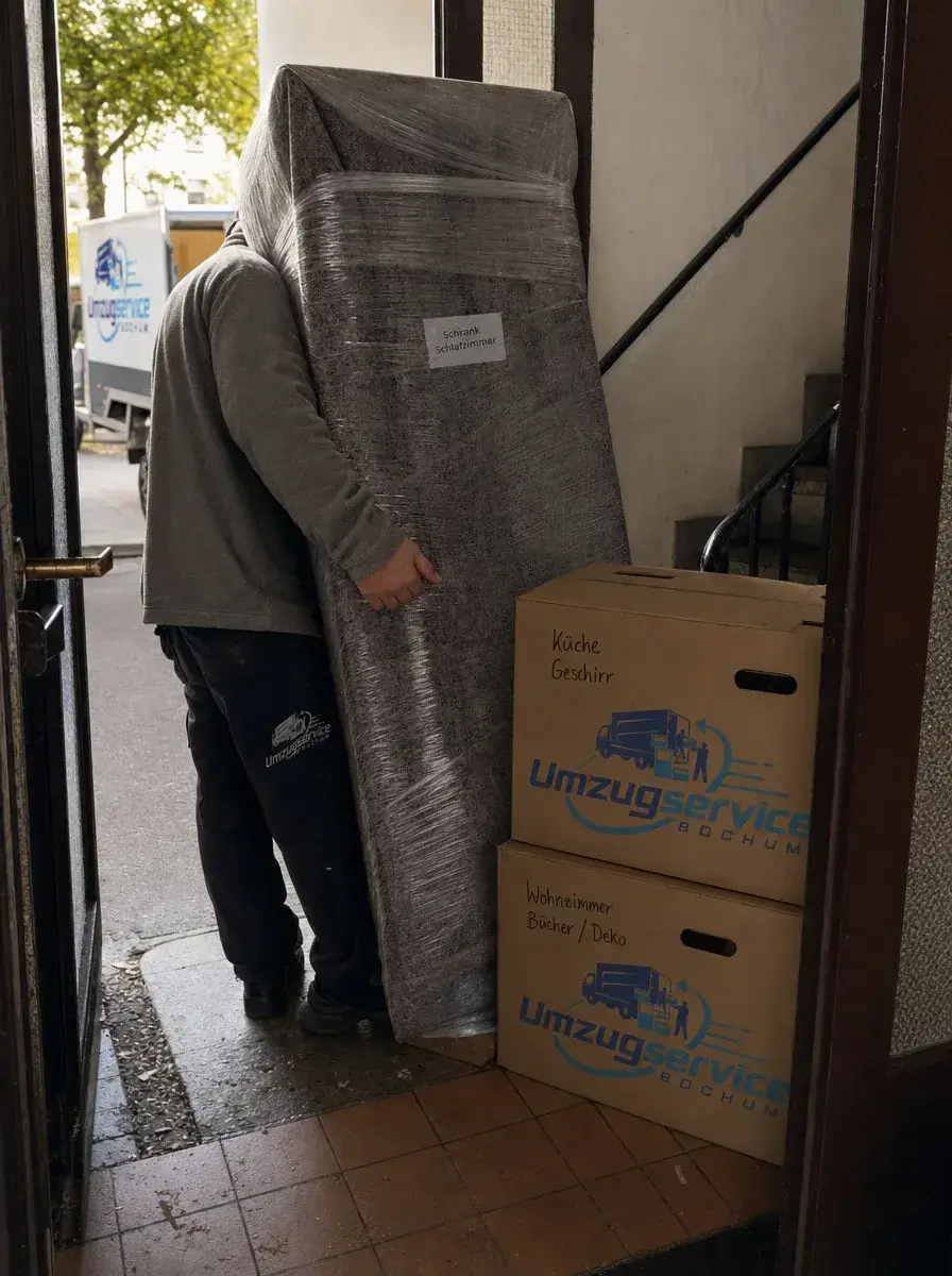 Möbelpacker tragen Umzugskartons eine Treppe hinauf.