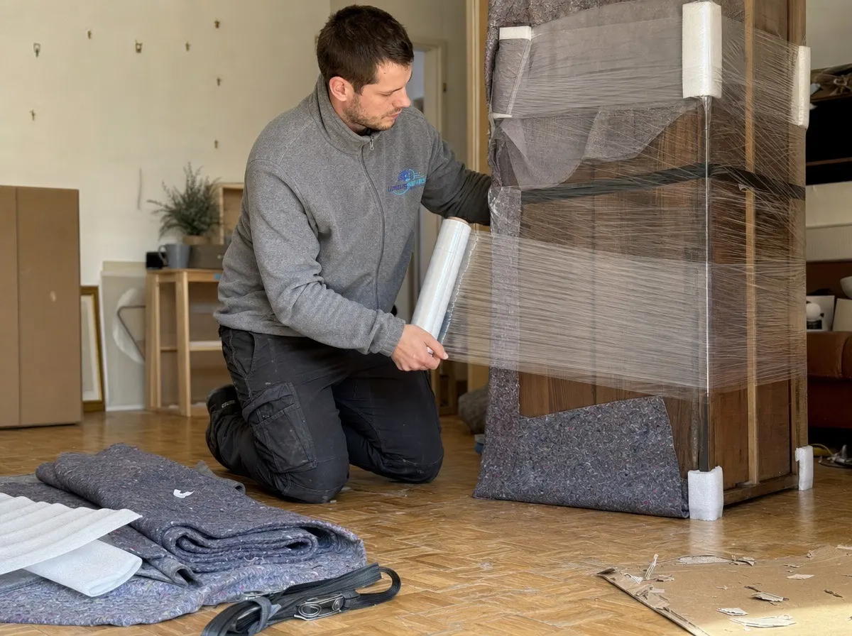 Ein Möbelpacker wickelt einen Schrank in Stretchfolie ein.
